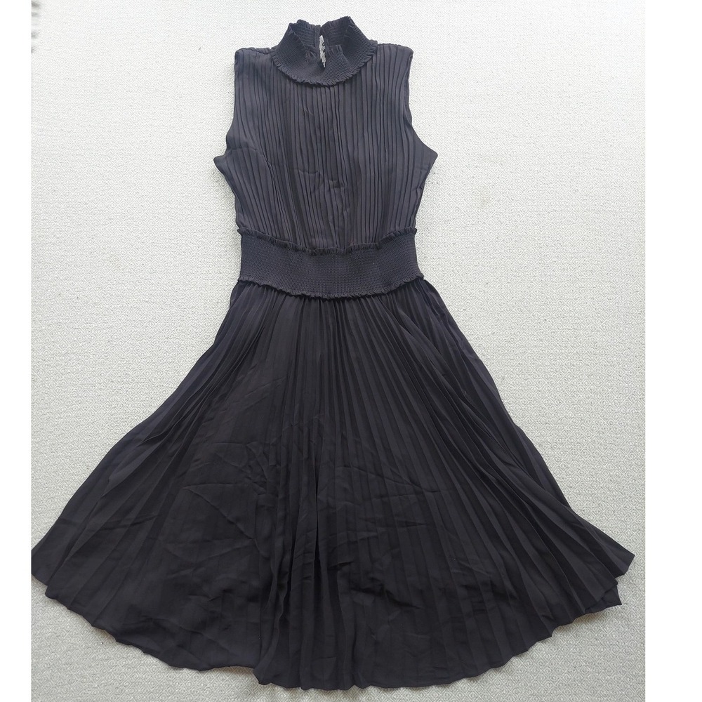 Nanette Lepore Dress Womens 8 Black Pleated Mock Neck Smocked Waist Midi